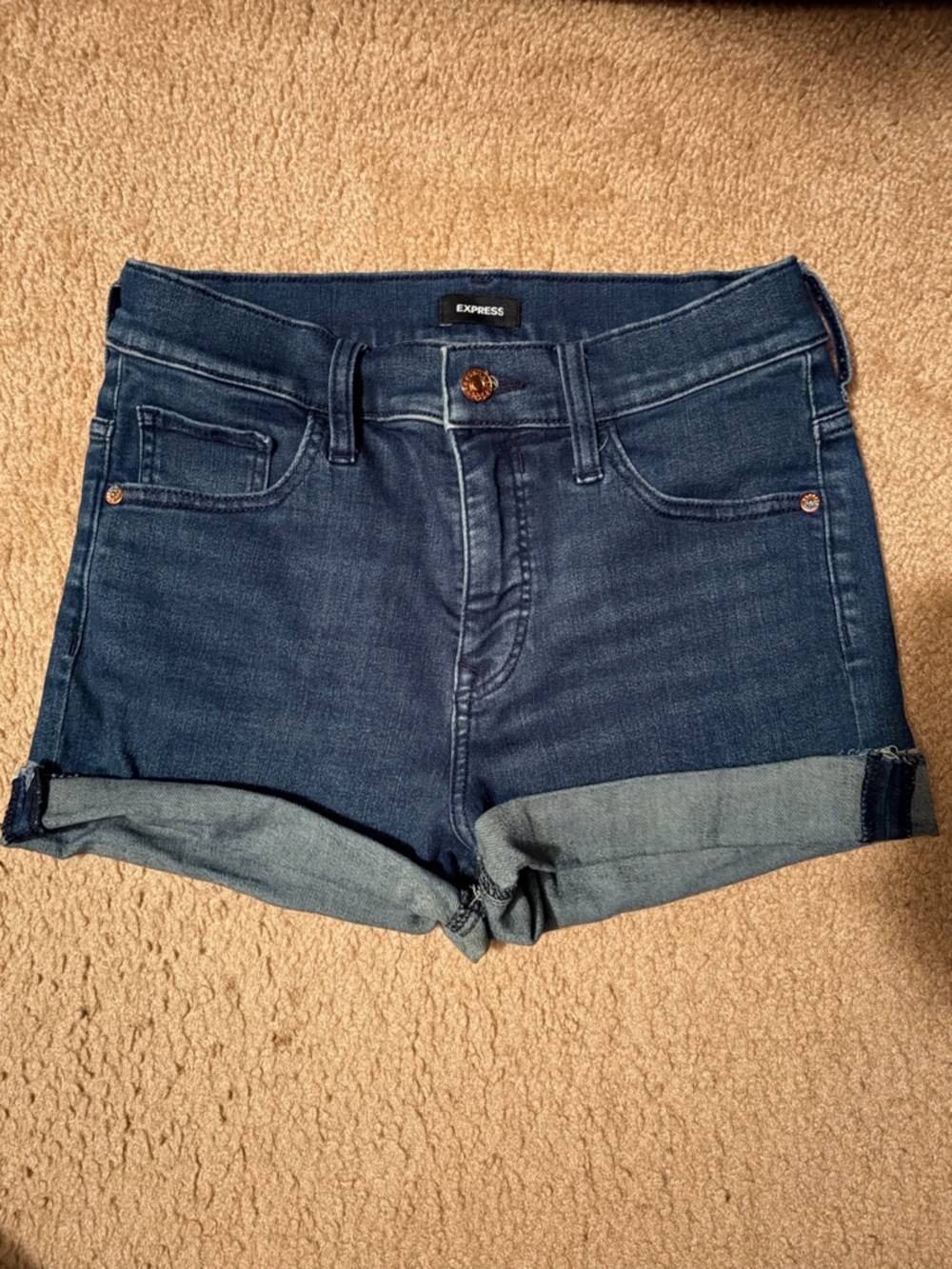 Express High-Rise Shortie Denim Shorts in Dark Blue